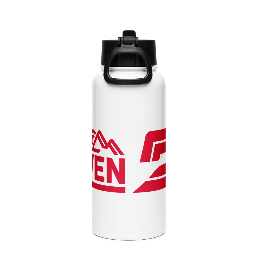 Product mockup of dad driven isolated bottle. White with red logo. Where exploration meets fatherhood.