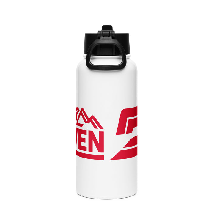 Product mockup of dad driven isolated bottle. White with red logo. Where exploration meets fatherhood.