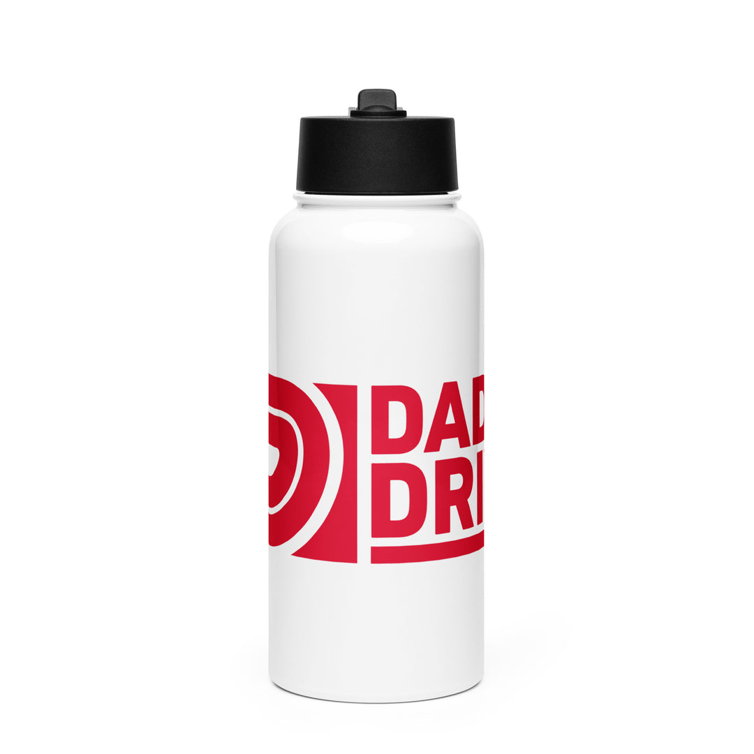Product mockup of dad driven isolated bottle. White with red logo. Where exploration meets fatherhood.