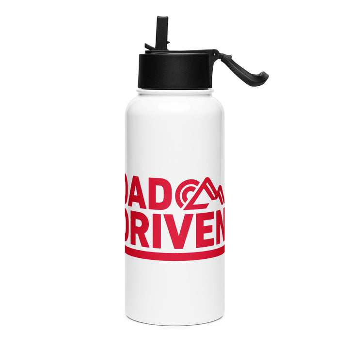 Product mockup of dad driven isolated bottle. White with red logo. Where exploration meets fatherhood.