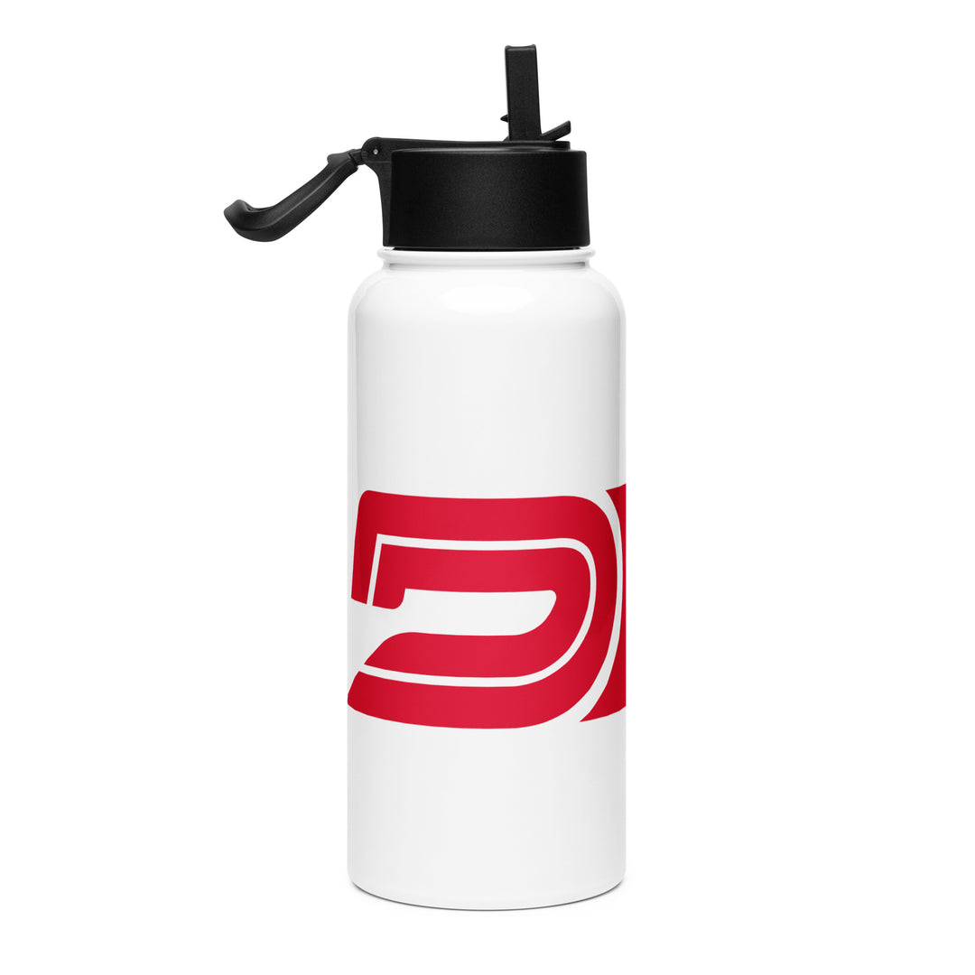 Product mockup of dad driven isolated bottle. White with red logo. Where exploration meets fatherhood.